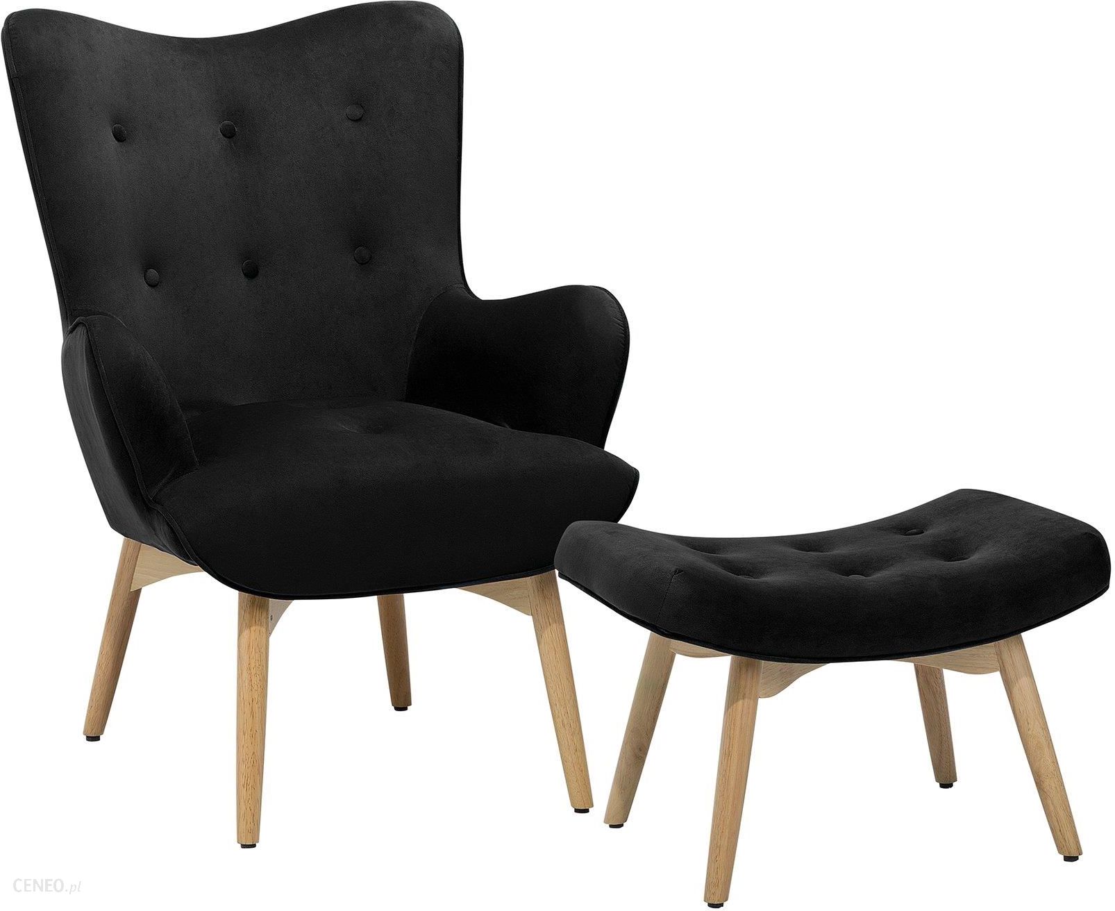 Beliani Pikowany fotel z podnóżkiem welurowy czarny drewno kauczukowe retro Vejle